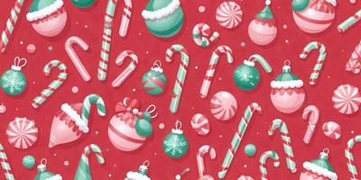 The primary subject of the image is a colorful and festive pattern featuring various candy canes and ornaments. The setting is a red background, which adds to the holiday atmosphere. The visual style is a combination of digital art and illustration, creating a vibrant and lively scene. The dominant colors are red, green, and white, which are associated with Christmas and holiday celebrations. The overall mood of the image is cheerful, festive, and joyful.